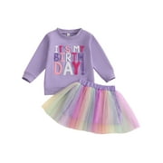 aturustex Little Girls 2Pcs Birthday Skirts Outfits 12M 18M 2T 3T 4T 5T Toddler Baby Long Sleeve Sweatshirt Letter Embroidery Pullovers Crew Neck Topsly Spring Fall Clothes for Holiday Party